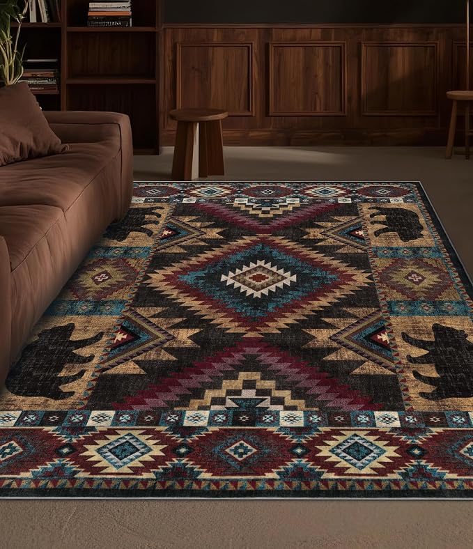Rustic Cabin Area Rug 4x6, Machine Washable Lodge Bear Rug, Non-Slip Low Pile - Image 3
