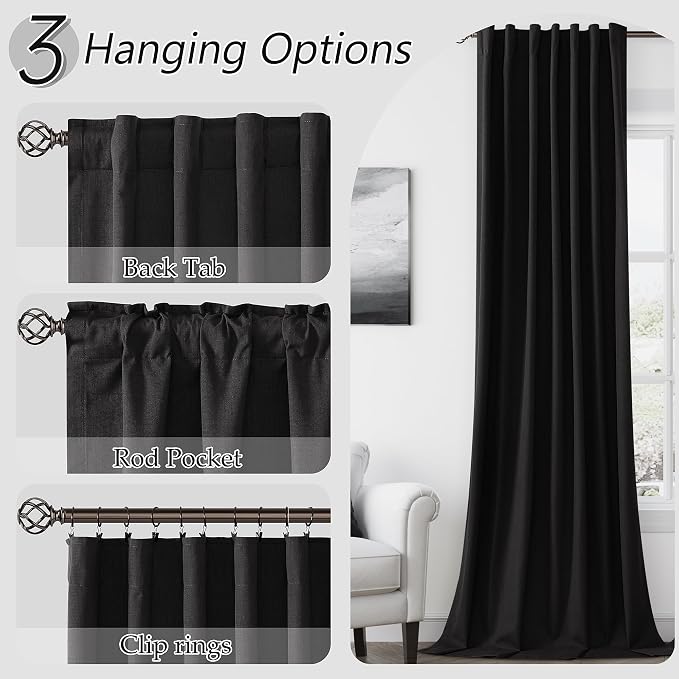 Black 100% Blackout Linen Curtains 63 Inch Length 2 Panels Set - Image 6