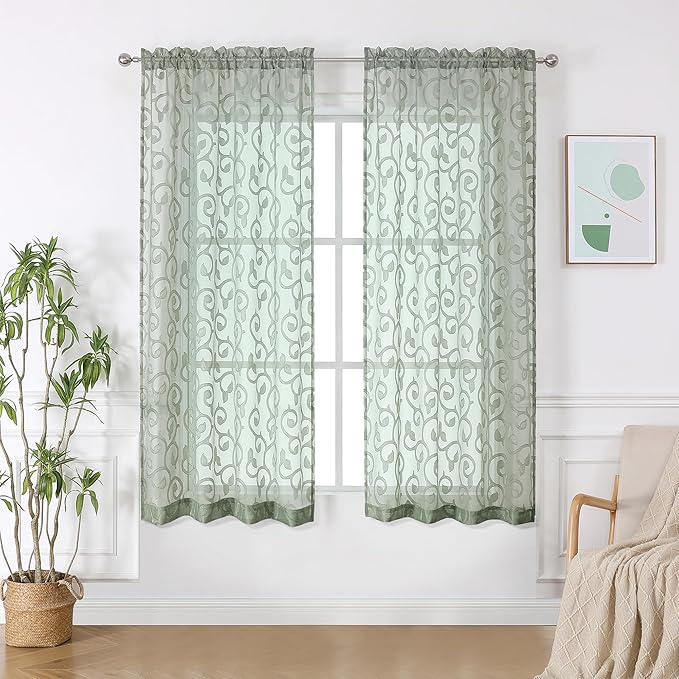 Sage Green Sheer Curtains 63 inch Length - Image 2