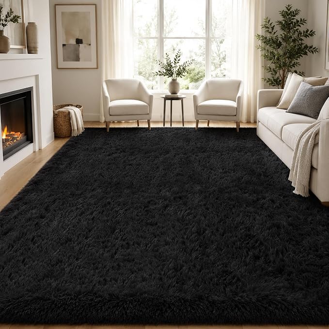 PLHXFR 8x10 Area Rugs Living Room: Fluffy Bedroom Rug Shag Carpet Black | by PLHXFRSoftAreaRugs