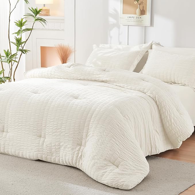 HYMOKEGE Ivory Full Size Comforter Sets Seersucker 7 Pieces, All Season Luxury Bed in a Bag for Bedroom, Bedding Set with Comforters, Sheets, Pillowcases & Shams