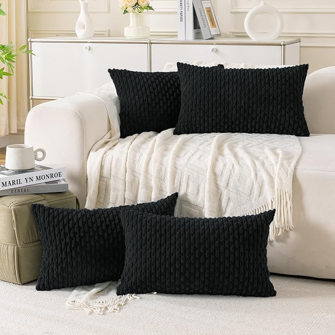 Set of 4 Black Decorative Throw Pillow Covers 12x20 Inch Corduroy Pillow Covers by Cozoomy