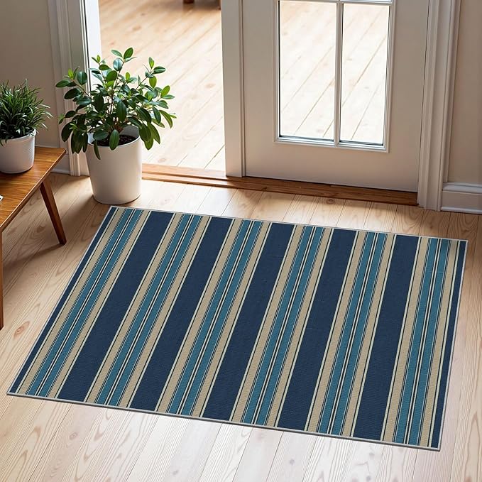 Front Door Mat Outside Entrance, 2x3 Navy Blue Coastal Striped Rug | Non-Slip by Othilic