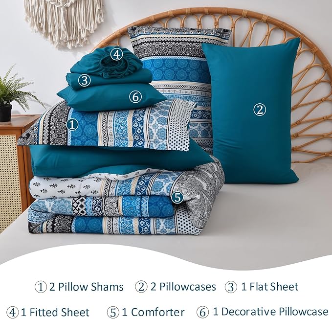 Cottolester Boho Comforter Set King Size,8 Pieces Teal Blue Bohemian Striped Bed in a Bag,Paisley Soft Microfiber Bedding Comforter Set