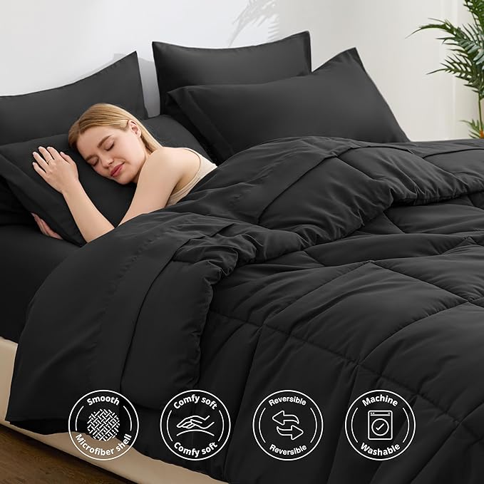 Love's cabin California King Comforter Set Ash Black, 7 Pieces California King Bed in a Bag, All Season Bedding Sets with 1 Comforter, 1 Flat Sheet, 1 Fitted Sheet, 2 Pillowcase and 2 Pillow Sham