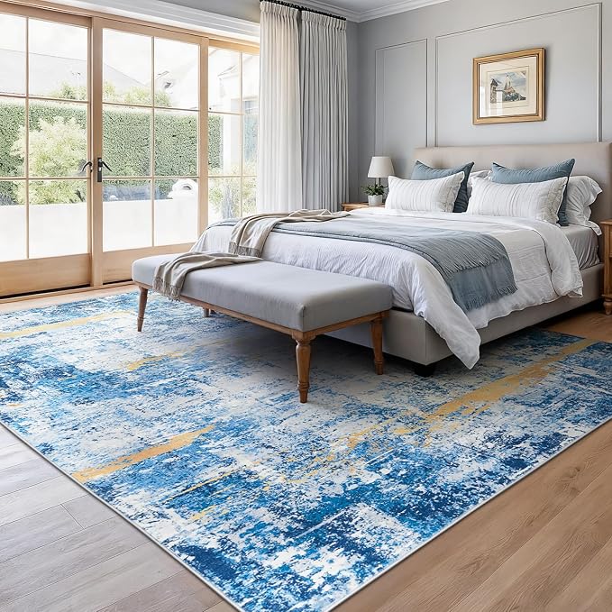 Rugflix 8x10 Area Rugs for Living Room, Washable Sky Blue Gold Large Rug | - Image 2