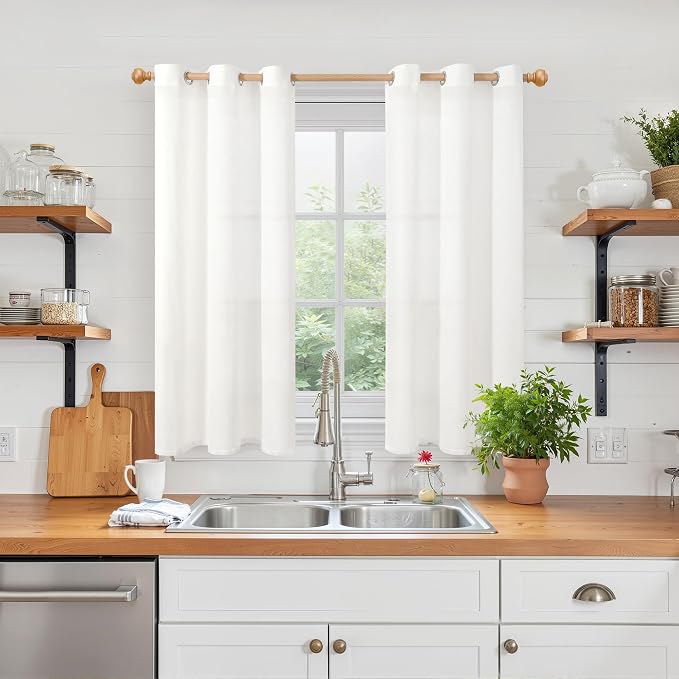 YoungsTex White Linen Semi Sheer Curtains 45 Inches Length - Image 2