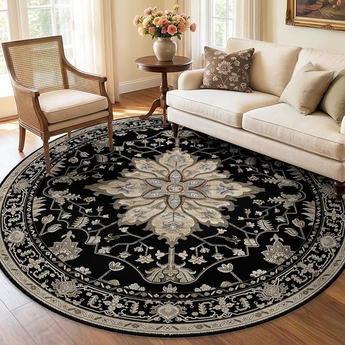 RELEANY Washable Area Rug, Round 6ft, Water Repellent, Pet Friendly, Vintage by RELEANY