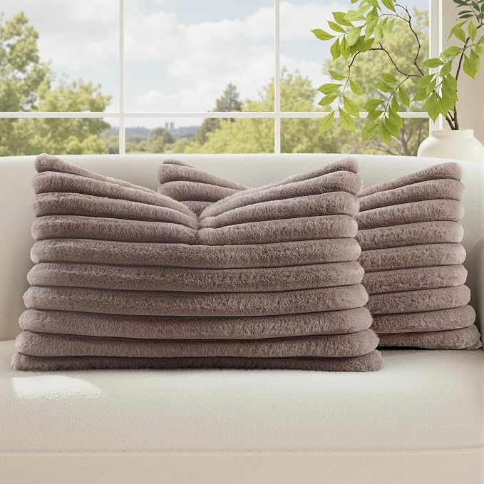decorUhome Fall Faux Fur Throw Pillow Covers 12x20 Set of 2 Light Coffee | by decorUhome