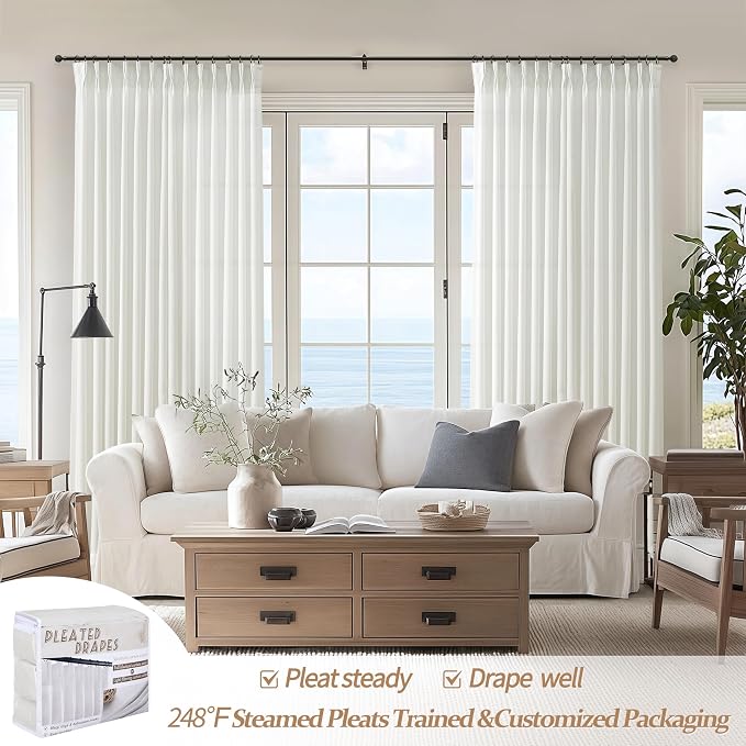 Custom Pure White Semi Sheer Linen Floor to Ceiling 105 Inch Curtains - Image 5