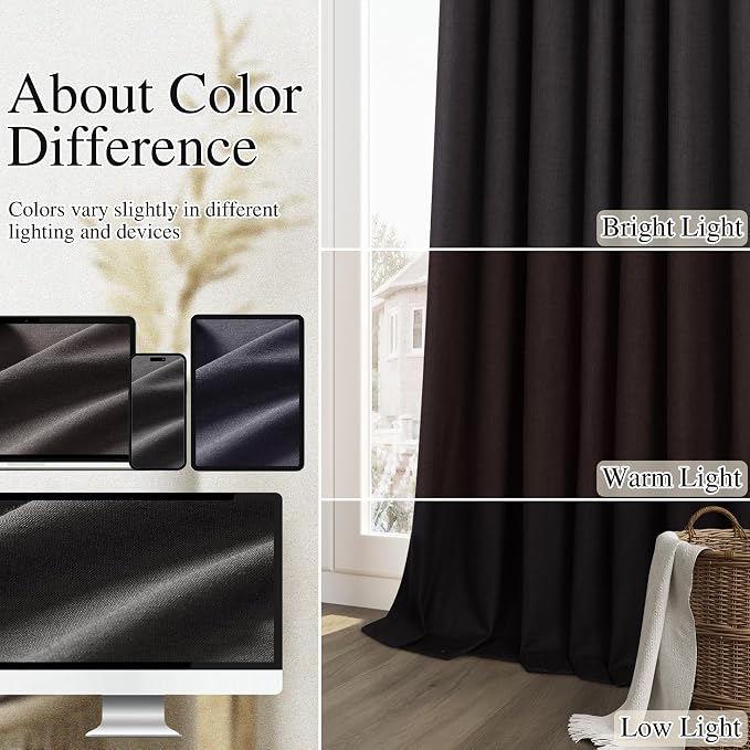 Black 100% Blackout Linen Curtains 102 Inch Length 2 Panels Set - Image 7