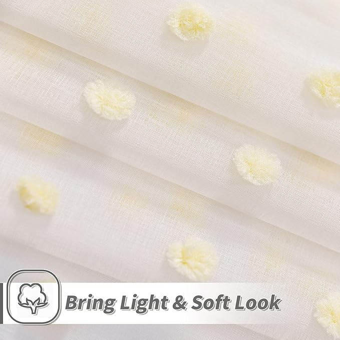 MYSKY HOME Yellow Pom Pom Curtains - 108 Inch Long Large Sheer Mustard Curtains for Living Room - Sliding Door Light Filtering Rod Pocket Window Panels - 52 x 108 inch - 2 Pieces