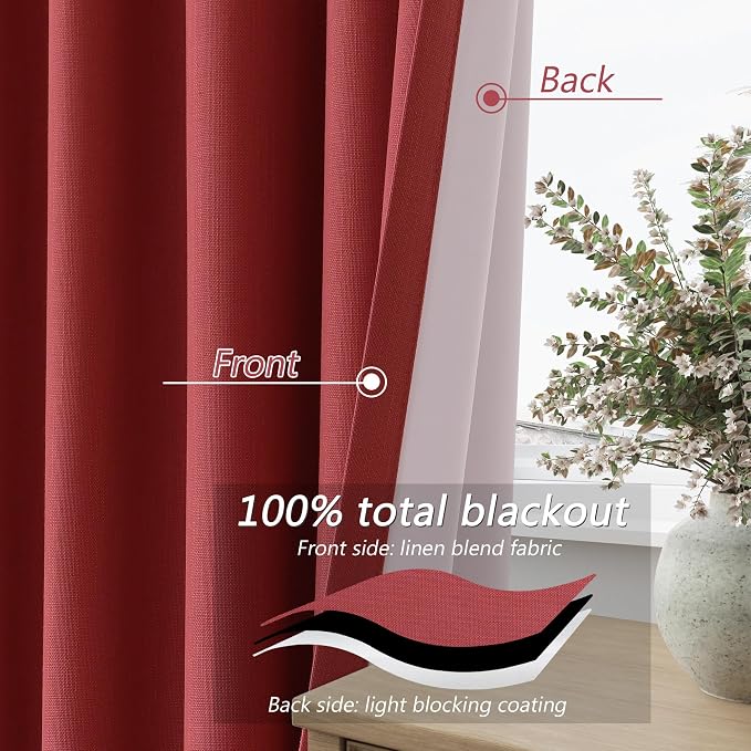 Red 100% Blackout Linen Curtains 102 Inch Length 2 Panels Set - Image 3
