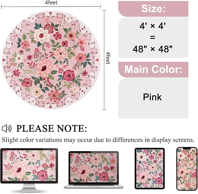 DUKINO 4ft Round Rug, Floral Washable Small Round Area Rug Non Slip, Low Pile - Image 2