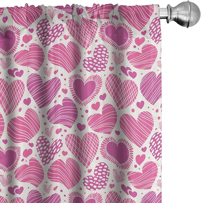 Ambesonne Valentines Window Curtains, Romantic Heart Shapes with Many Different Designs Polka Dots Crossed Lines, Lightweight Decorative Panels Set of 2 with Rod Pocket, 56" x 95", Pink White