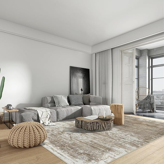 6x9 Area Rugs for Living Room: Washable Abstract Brown White Badroom Carpet | - Image 3