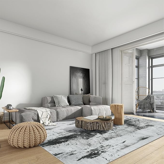 2'6''x8' Runner Rugs Washable Rug: Modern Abstract Black White Grey Carpet | - Image 3