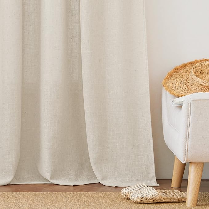 RYB HOME Linen Sheer Curtains - Semi Sheer Light Filtering Privacy Curtains, Country Rustic Window Draperies for Living Room Closet Nursery Doorway, W 52 x L 72, 2 Panels, Beige