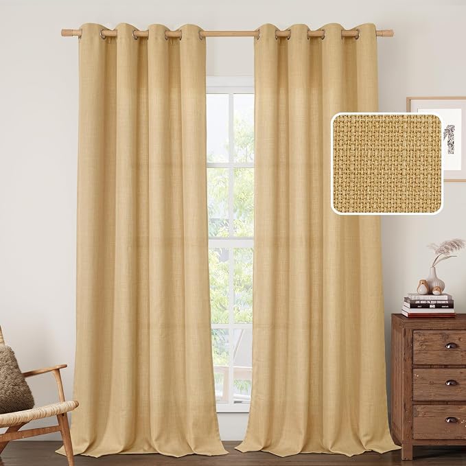 Linen Curtains 95 Inch Length for Living Room 2 Panels, Caramel Brown | Semi by LAMIT