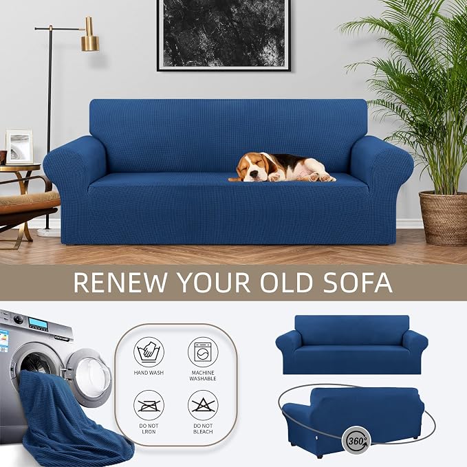 Stretch Couch Covers for Sofa, 3 Cushion Couch Slipcover, Classic Blue - Image 3
