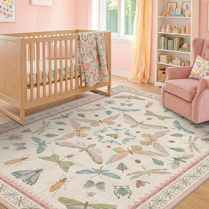 Butterfly Area Rugs 5x7 for Baby Nursery, Cute Light Pink Rugs for Bedroom Girls by HazoHaus