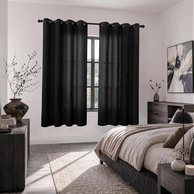 YoungsTex Black Linen Semi Sheer Curtains 63 Inch Length 2 Panels | Bronze - Image 4