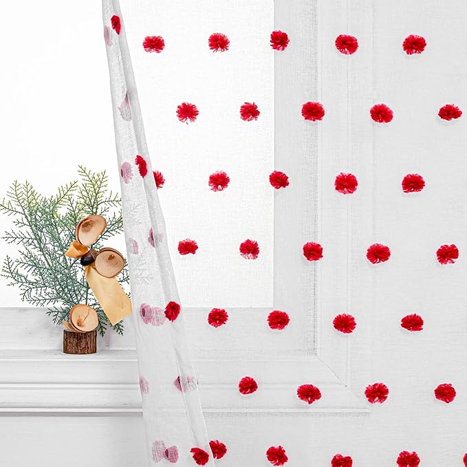 MYSKY HOME Pom Pom Curtains for Girls Bedroom 63 Inch Long Red Nursery Curains for Kids Room Sheer Curtains for Christmas Living Room Playroom Rod Pocket Window Drapes 52" x 63" Set of 2