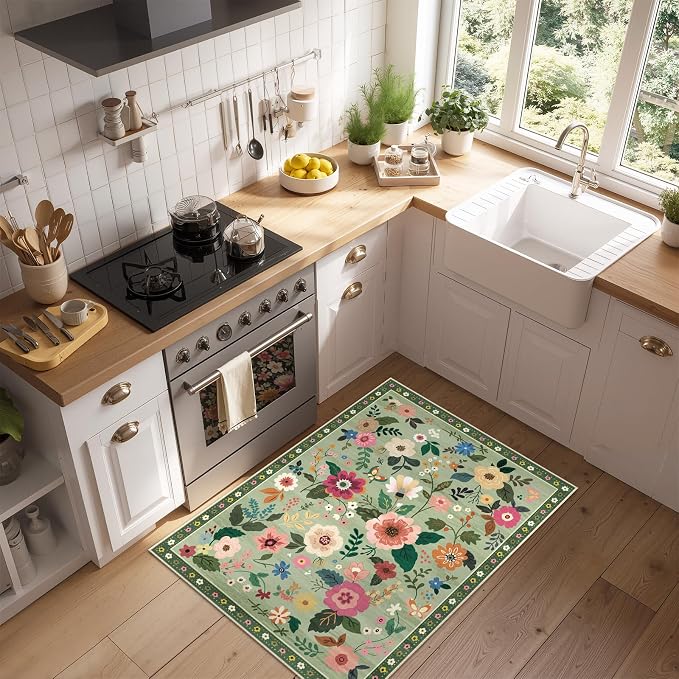 RELEANY Floral Washable 2x3 Area Rugs Doormat LightGreen | Flower Carpet Print - Image 6