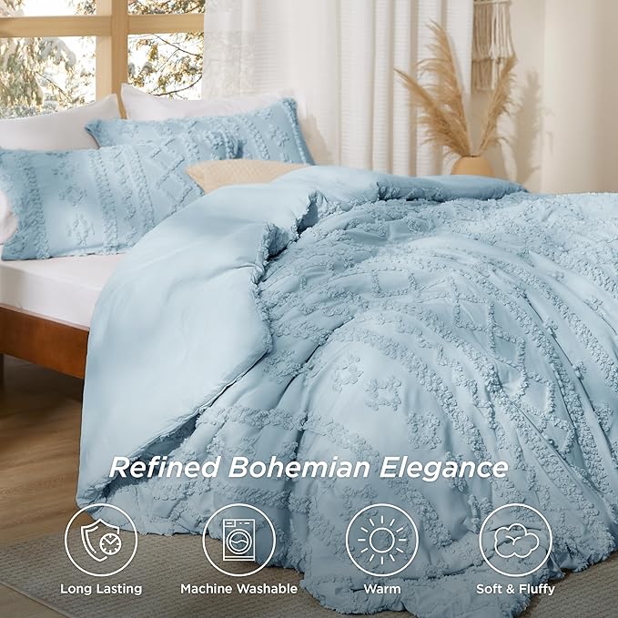 Bedsure Tufted Boho Comforter Set Twin Size - Dusty Blue Boho Bed Set, GentleSoft™ 2 Pieces Farmhouse Shabby Chic Embroidery Bedding, Gifts for Woman, Soft Jacquard Twin Comforter for All Seasons