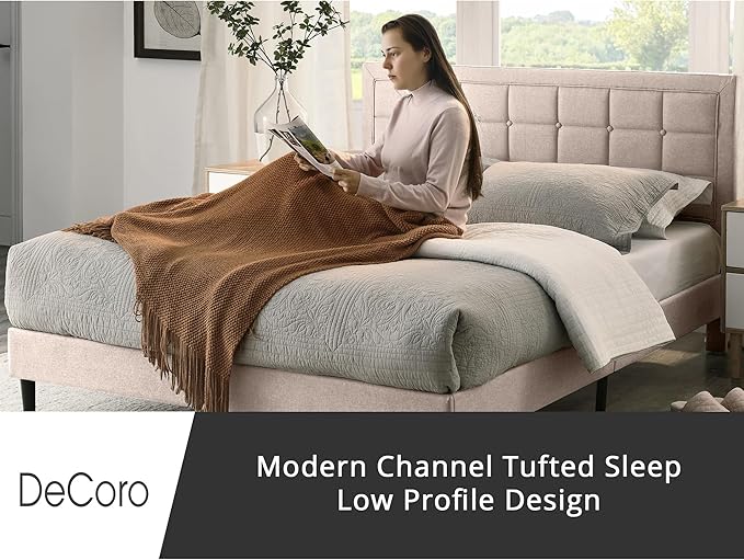 Decoro Mornington Upholstered 2.0 Platform Bed, Button-Tufted Fabric Headboard and Metal Frame with Wood Slat Support, Linen, Queen
