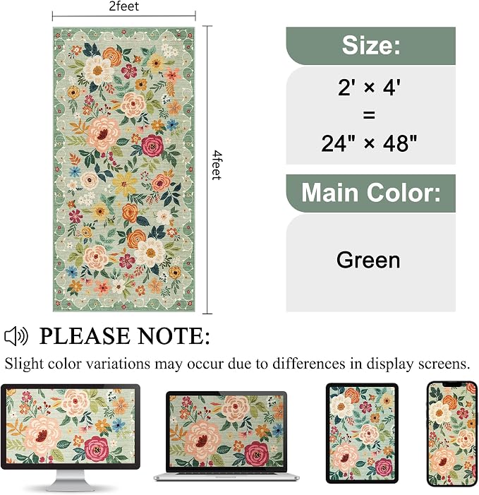 DUKINO 2x4 Entryway Rug, Floral Washable Kitchen Rugs Non Slip, Soft Indoor - Image 2