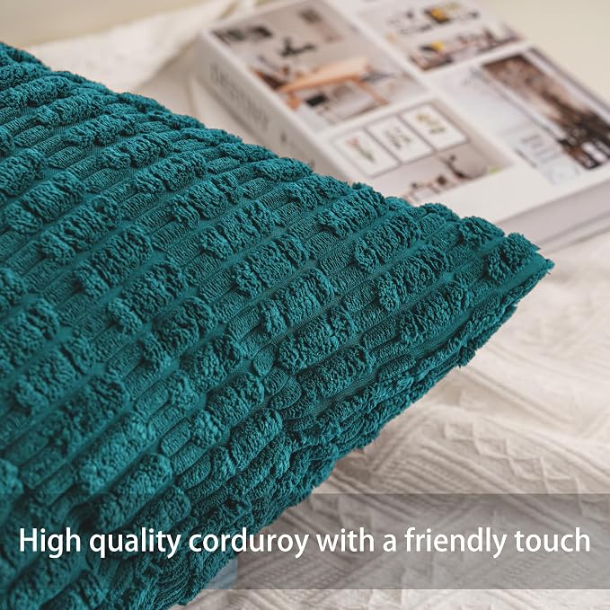 Pack of 2 Corduroy Decorative Throw Pillow Covers 18x18 Inch, Turquoise | Fall - Image 2