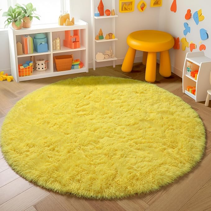 Amdrebio Yellow Shag Fuzzy Large Round Area Rug 6Ft by Amdrebio