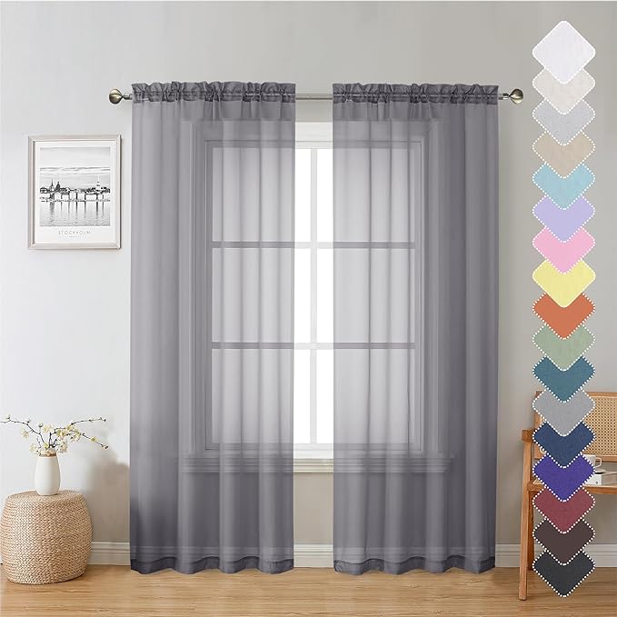 Charcoal Grey Sheer Curtain Panels 72 Inch Length, Light Filtering Window by Lecloud