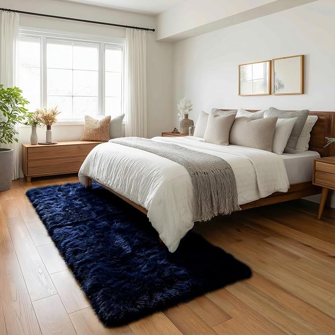 Navy Blue Runner Rug 2x6 Fluffy Dark Blue Bedside Rugs - Image 5