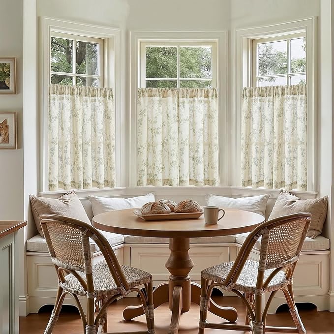 Green on Beige Linen Kitchen Curtains Rod Pocket 26W X 36L 2 Panels | Elisa - Image 3