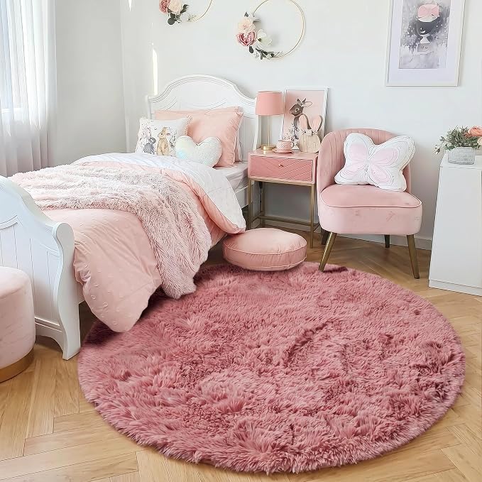 Amdrebio Blush Pink Small Round Furry Rug 3Ft - Image 2