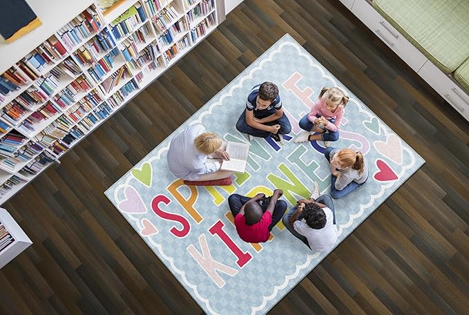Flagship Carpets Schoolgirl Style Sprinkle Kindness Educational Area Rug for Kids Room Seating Décor, Children's Classroom, Play Carpet for Teaching and Playroom, 5' x 7'6", Blue