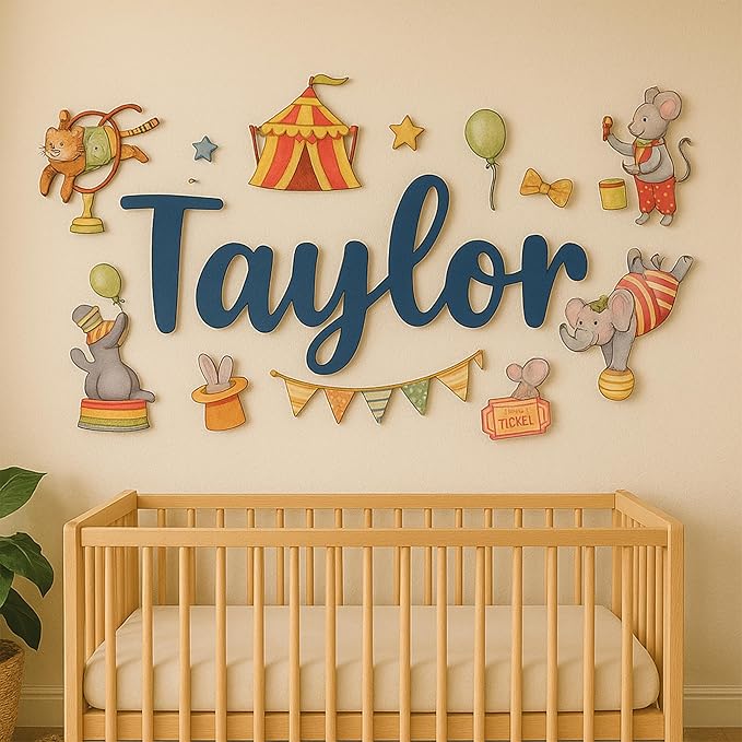 Custom Nursery Name Sign with Themed Decor Kit | Personalized Wooden Wall Art for Baby, Kids Room | Space, Jungle, Circus, Under the Sea, Woodland, Rainbow (30", Circus)