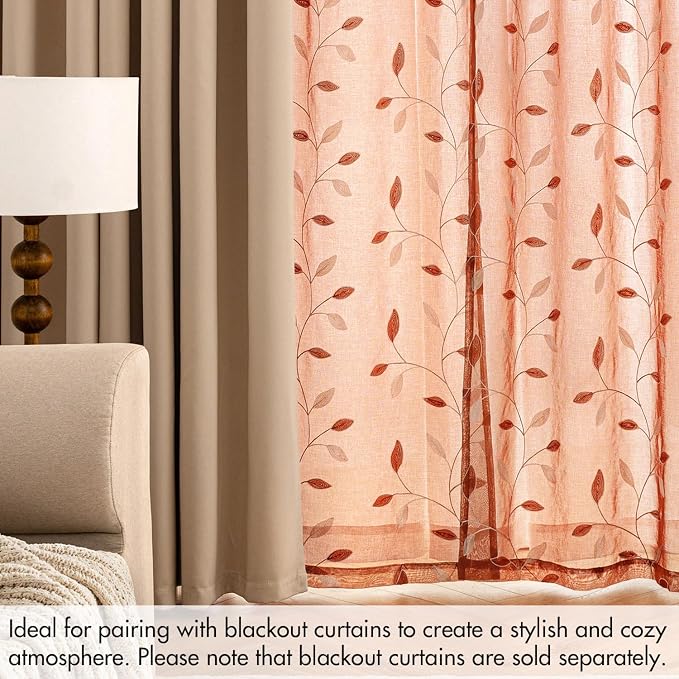 MIULEE Burnt Orange Sheer Fall Curtains 2 Panels Leaf Patterned, W52 x L84 | - Image 7