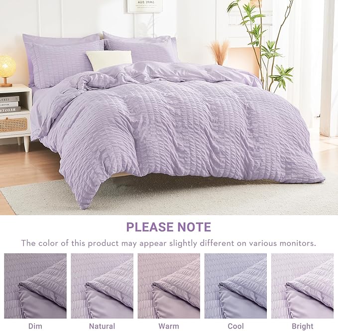 HYMOKEGE Lavender King Size Comforter Set Seersucker 7 Pieces, All Season Luxury Bed in a Bag for Bedroom, Bedding Set with Comforters, Sheets, Pillowcases & Shams