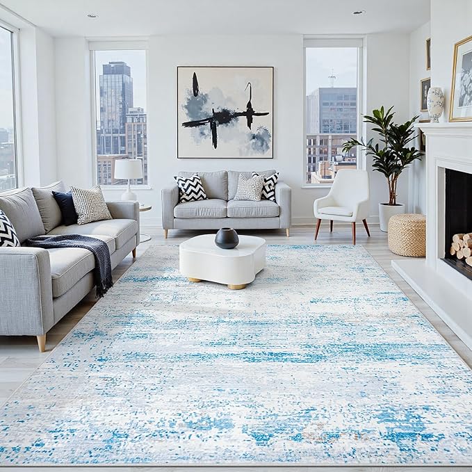 10x14 Washable Area Rug for Living Room Bedroom: Non-Slip Modern Light Blue | - Image 8