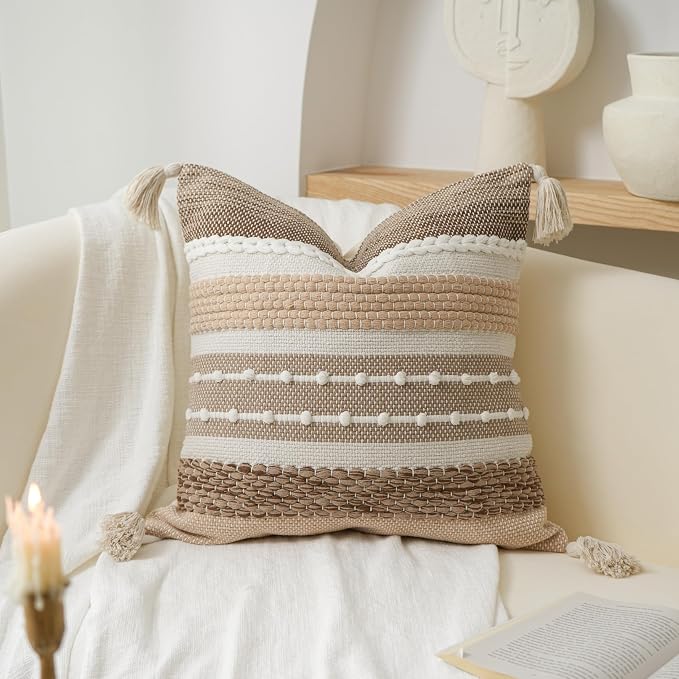 Brown Decorative Throw Pillow Cover 18x18 Square Boho Accent Pillowcase Tassels - Image 8