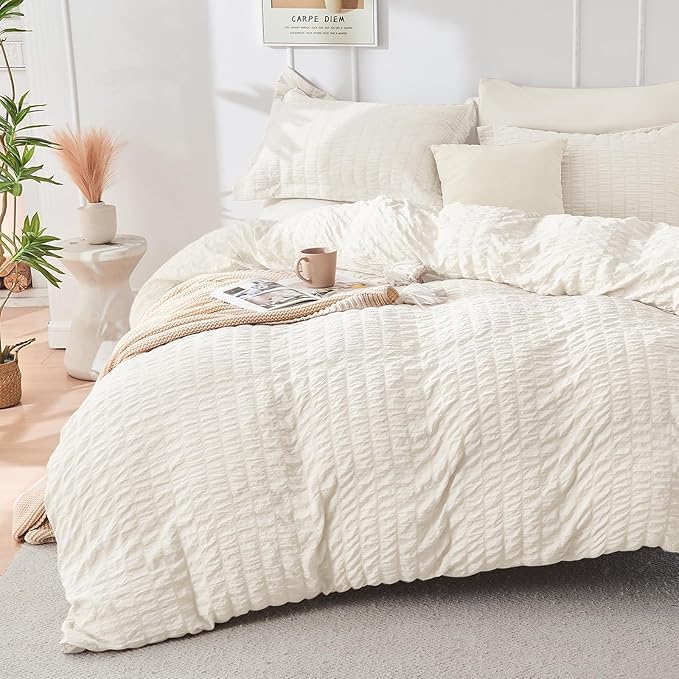 HYMOKEGE Ivory Twin Comforter Set Seersucker 5 Pieces, All Season Luxury Bed in a Bag for Bedroom, Bedding Set with Comforters, Sheets, Pillowcase & Shams