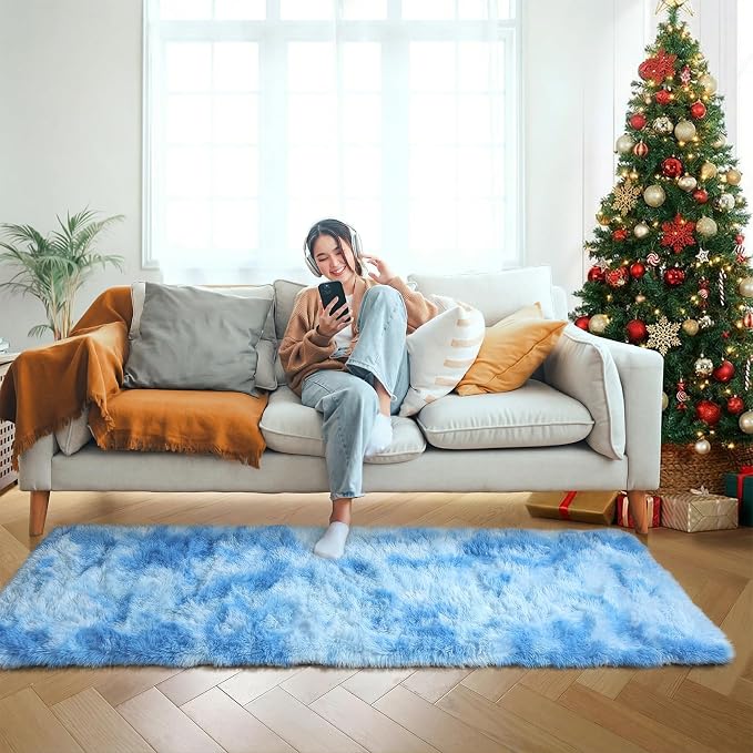 Runner Rugs for Boys Bedroom Living Room, Fluffy Tie-Dyed Blue 2x6 Area Rug | - Image 8