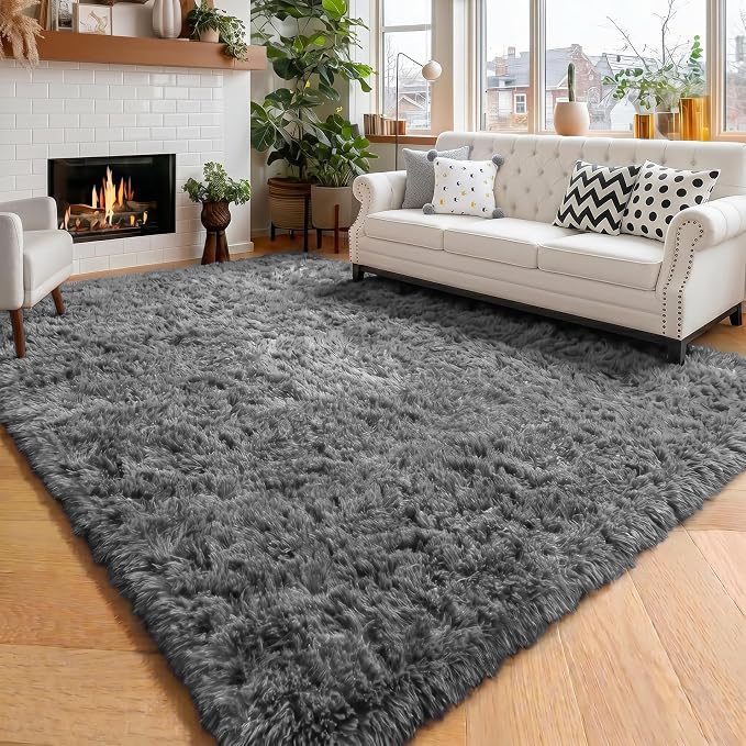 Amdrebio Grey Large Plush Shaggy Rug 6x9 by Amdrebio