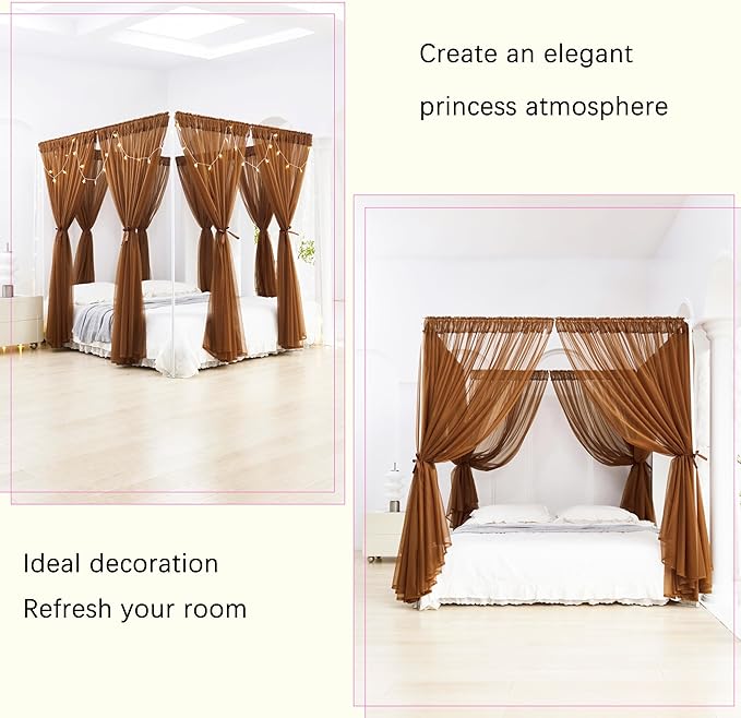 Akiky Canopy Bed Curtain with Lights Bed Drapes for Girls Adults Soft Bed Canopy Scarf for Bed Room Decoration (King, Coffee)