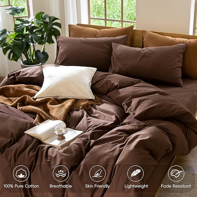 MooMee Bedding Duvet Cover Set 100% Washed Cotton Linen Like Textured Breathable Durable Soft Comfy (Solid Cocoa Brown, King 104"x90")