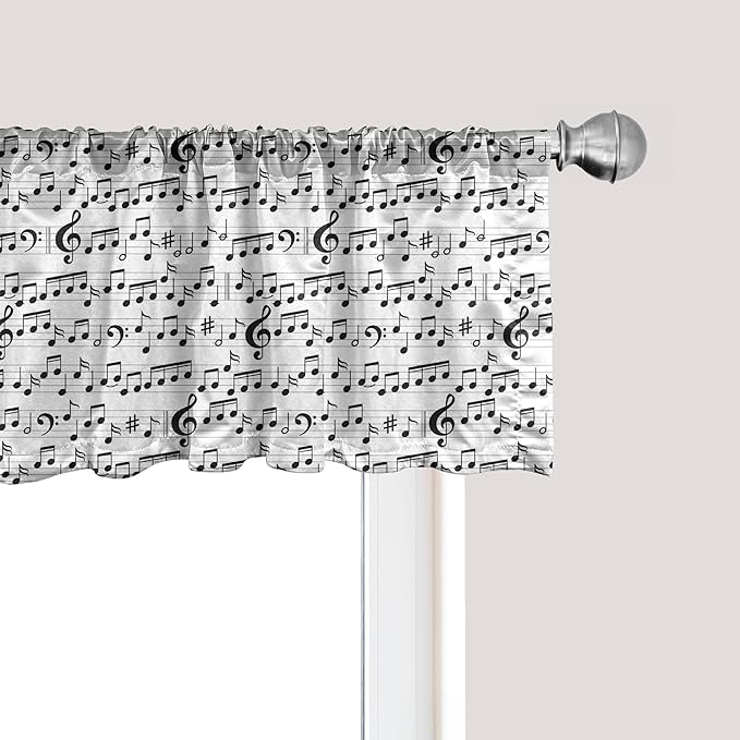 Ambesonne Music Window Valance Pack of 2, Abstract Style Professional Pattern Notes and Clef Sheet Play Writing Print, Rod Pocket Curtain Valances for Kitchen Bedroom, 42" X 18", Black White