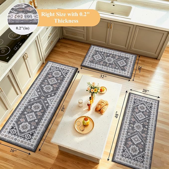 HEBE Boho Kitchen Rugs Set of 3, Non Slip Washable Kitchen Mats - Image 2